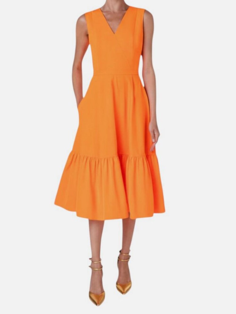 Akris Punto Women's Orange Taffeta Solid V-Neck Sleeveless Dress Size 6